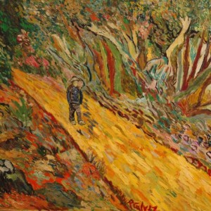 yellow and green landscape painting in the style of Vincent Van Gogh