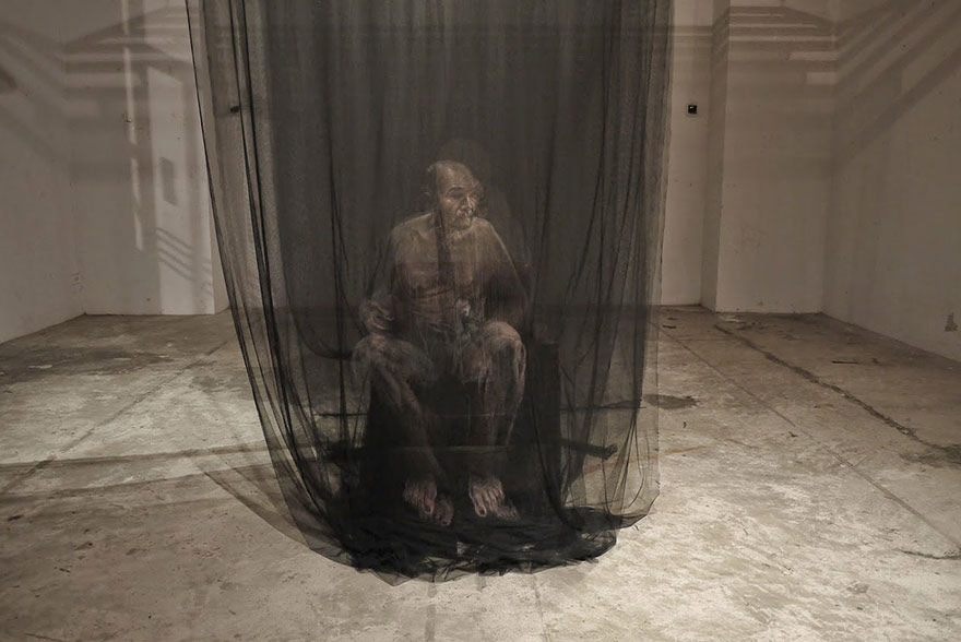 net is used as the canvas for these portraits 
