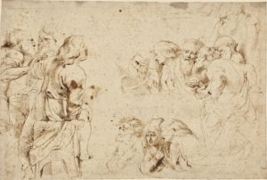 Three Groups of Apostles in a Last Supper (recto); Three Sketches for Medea and Her Children (verso); Peter Paul Rubens (Flemish, 1577 - 1640); about 1600 - 1604; Pen and brown ink; 29.7 × 43.8 cm (11 11/16 × 17 1/4 in.); 84.GA.959