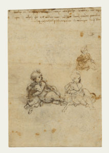 Studies for the Christ Child with a Lamb (recto); Head of an Old Man, and Studies of Machinery (verso); Leonardo da Vinci (Italian, 1452 - 1519); Italy; about 1503 - 1506; Black chalk, pen and brown ink; 21 × 14.1 cm (8 1/4 × 5 9/16 in.); 86.GG.725