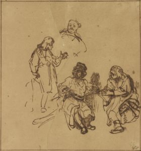 Joseph in Prison Interpreting the Dreams of Pharoah's Baker and Butler; Rembrandt Harmensz. van Rijn (Dutch, 1606 - 1669); about 1639; Pen and brown ink on light brown prepared paper; Joseph is on a separate, irregularly cut sheet; 20 × 18.7 cm (7 7/8 × 7 3/8 in.); 95.GA.18