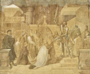 The Duke of Alba Receiving the Pope's Blessing in the Cathedral of St.-Gudule, Brussels; Jean-Auguste-Dominique Ingres (French, 1780 - 1867); 1815; Pen and brown ink, and brown wash, heightened with white gouache, with black and red chalk and graphite; Sheet: 43 × 52.9 cm (16 15/16 × 20 13/16 in.); 95.GA.12