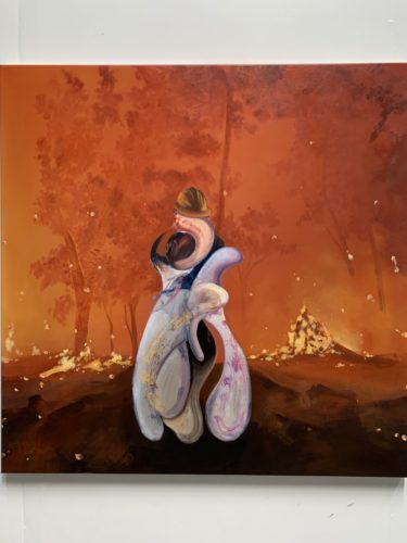 An abstracted figure of a firefighter stands in front of an orange blazing forest on fire.
