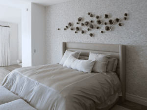Natalya Seva's ceramic installation in a bedroom. 